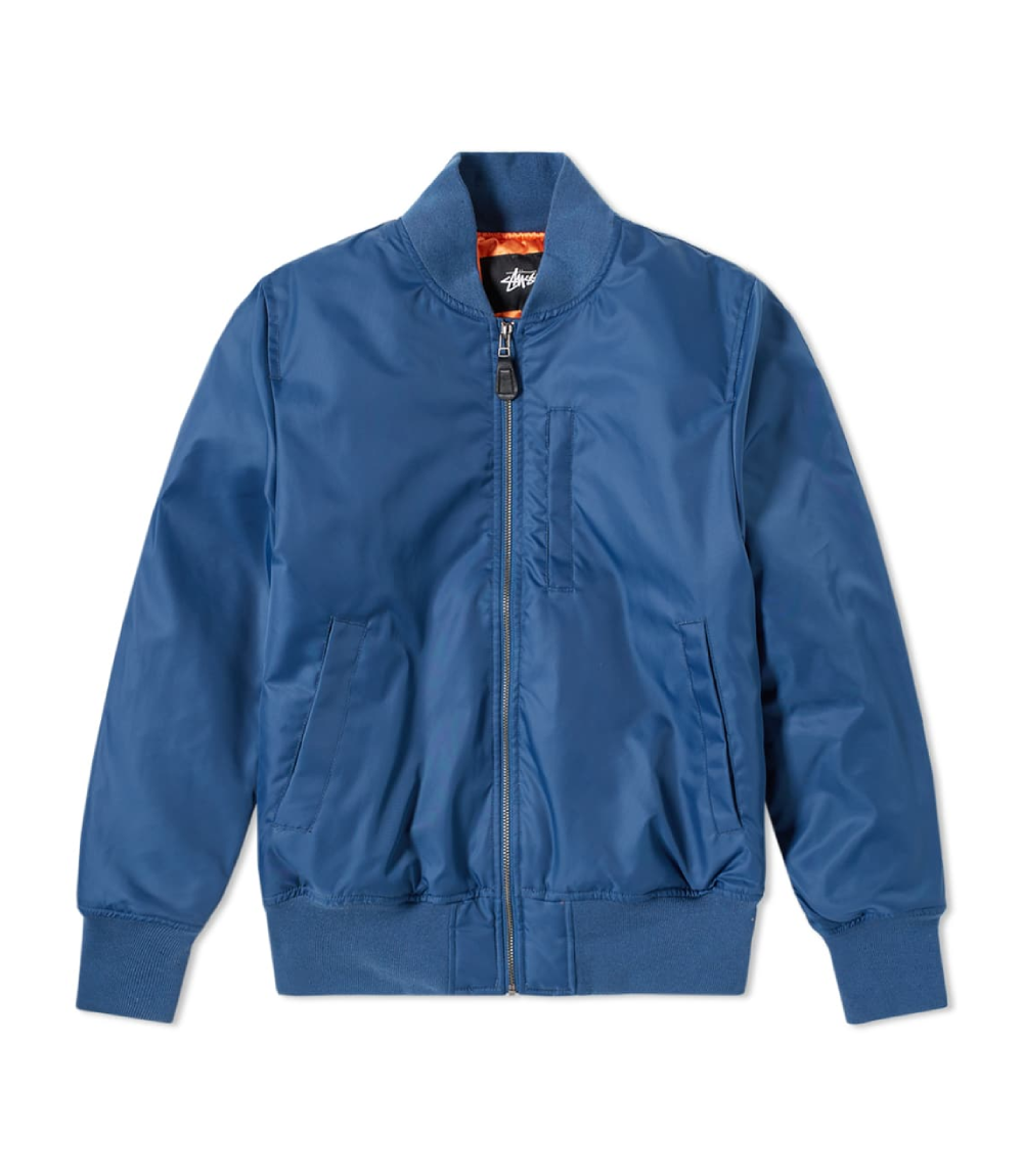 stussy blue flight satin bomber jacket men and women front