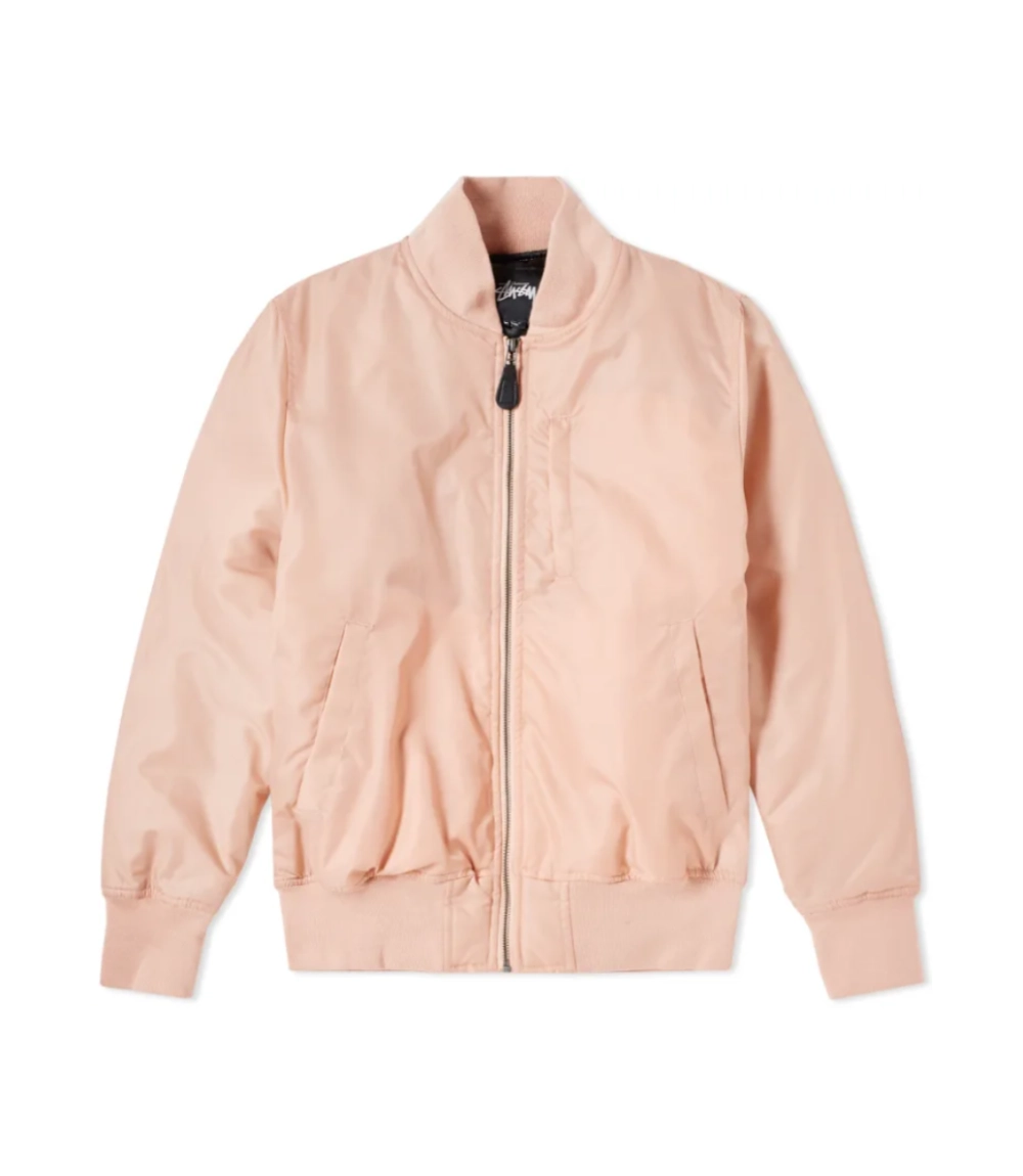 stussy blush peach satin flight bomber jacket front