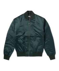 stussy emory satin bomber in forest green front