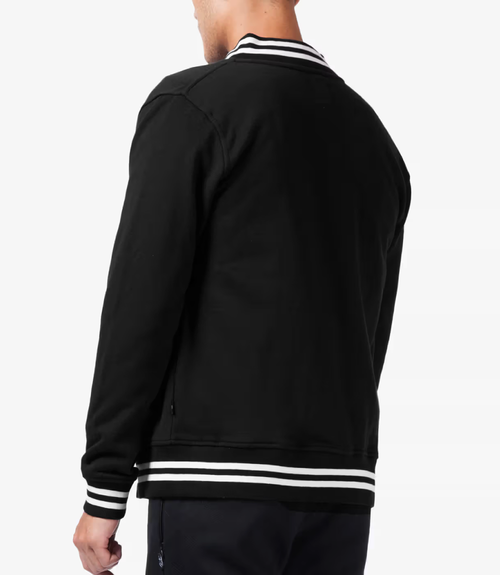 stussy full black fleece varsity jacket back model view