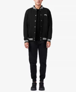 stussy full black fleece varsity jacket front model full view