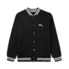 stussy full black fleece varsity jacket front view