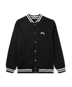 stussy full black fleece varsity jacket front view