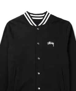 stussy full black fleece varsity jacket front view closeup