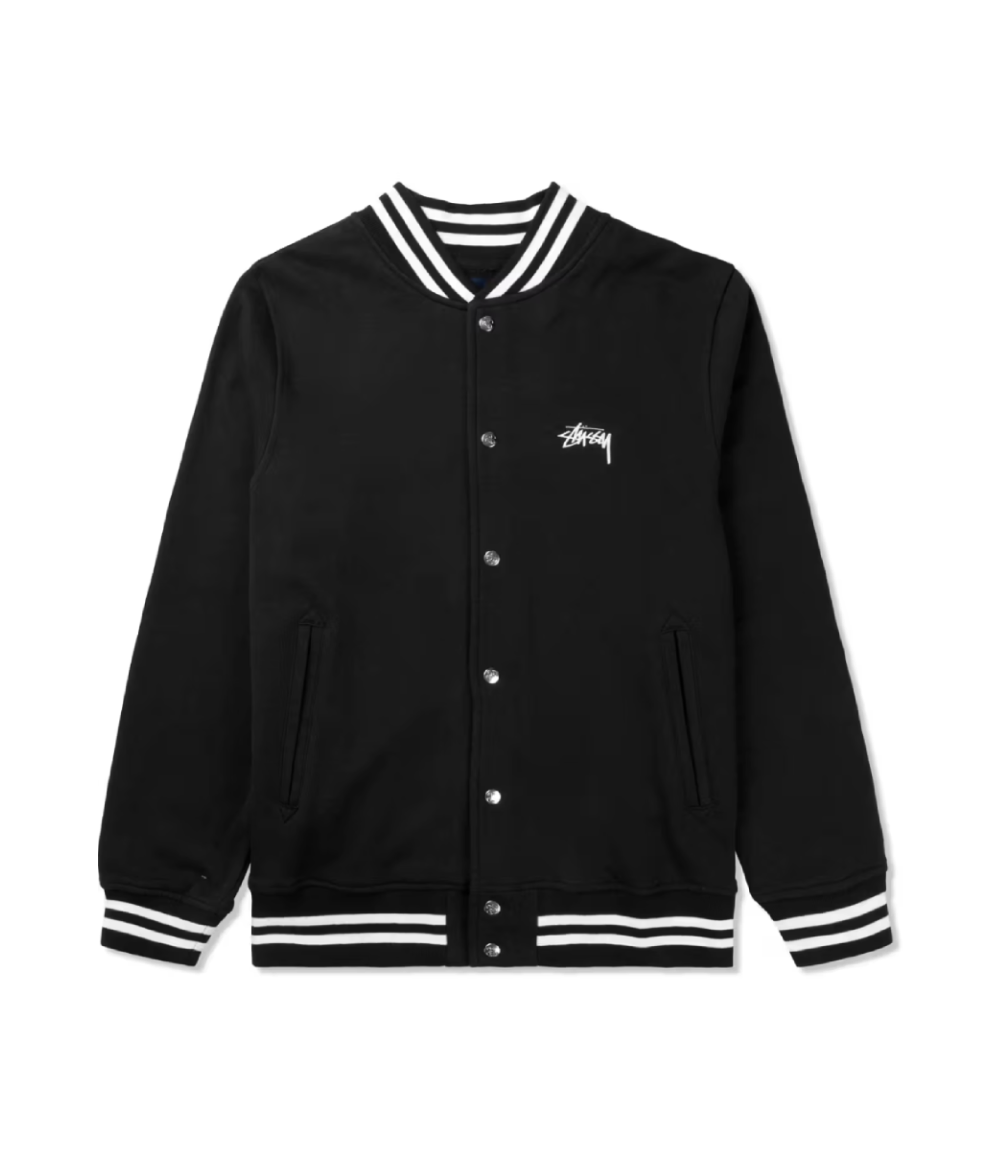 stussy full black fleece varsity jacket front view