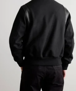 stussy leather trimmed wool varsity bomber jacket man back view
