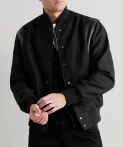 stussy leather trimmed wool varsity bomber jacket man front closeup view (1)