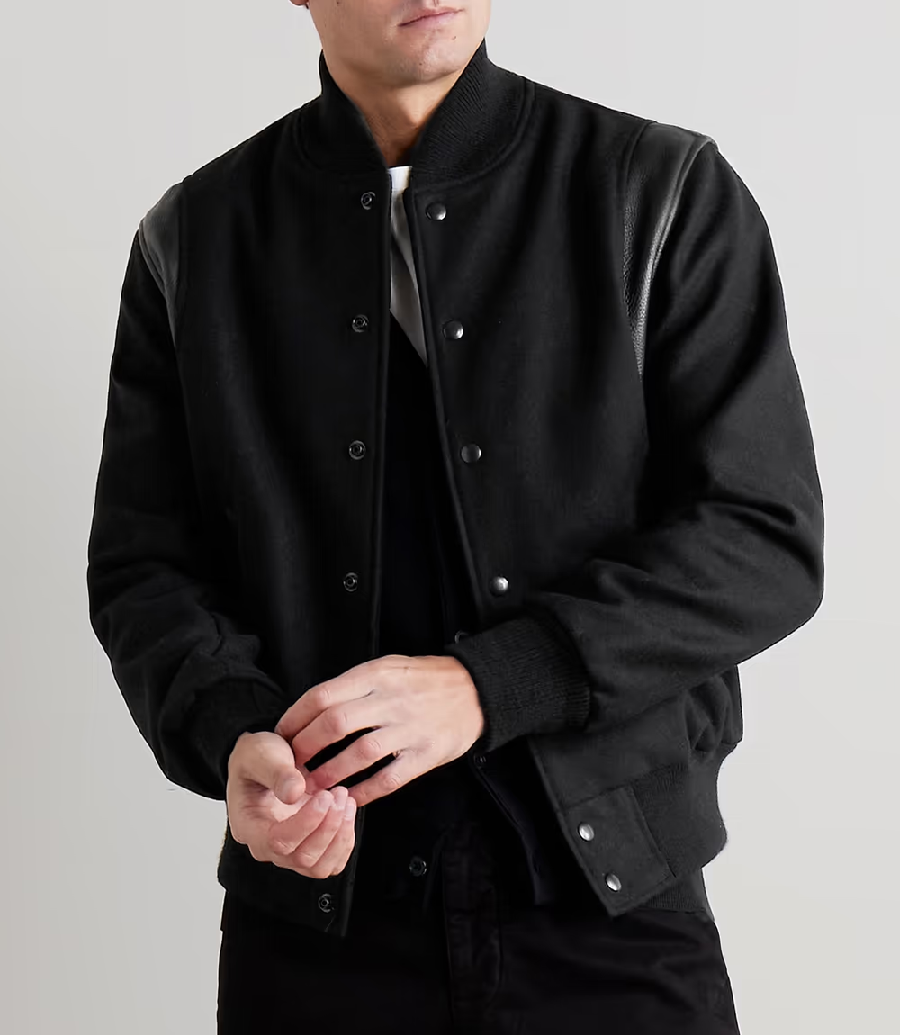 stussy leather trimmed wool varsity bomber jacket man front closeup view (1)