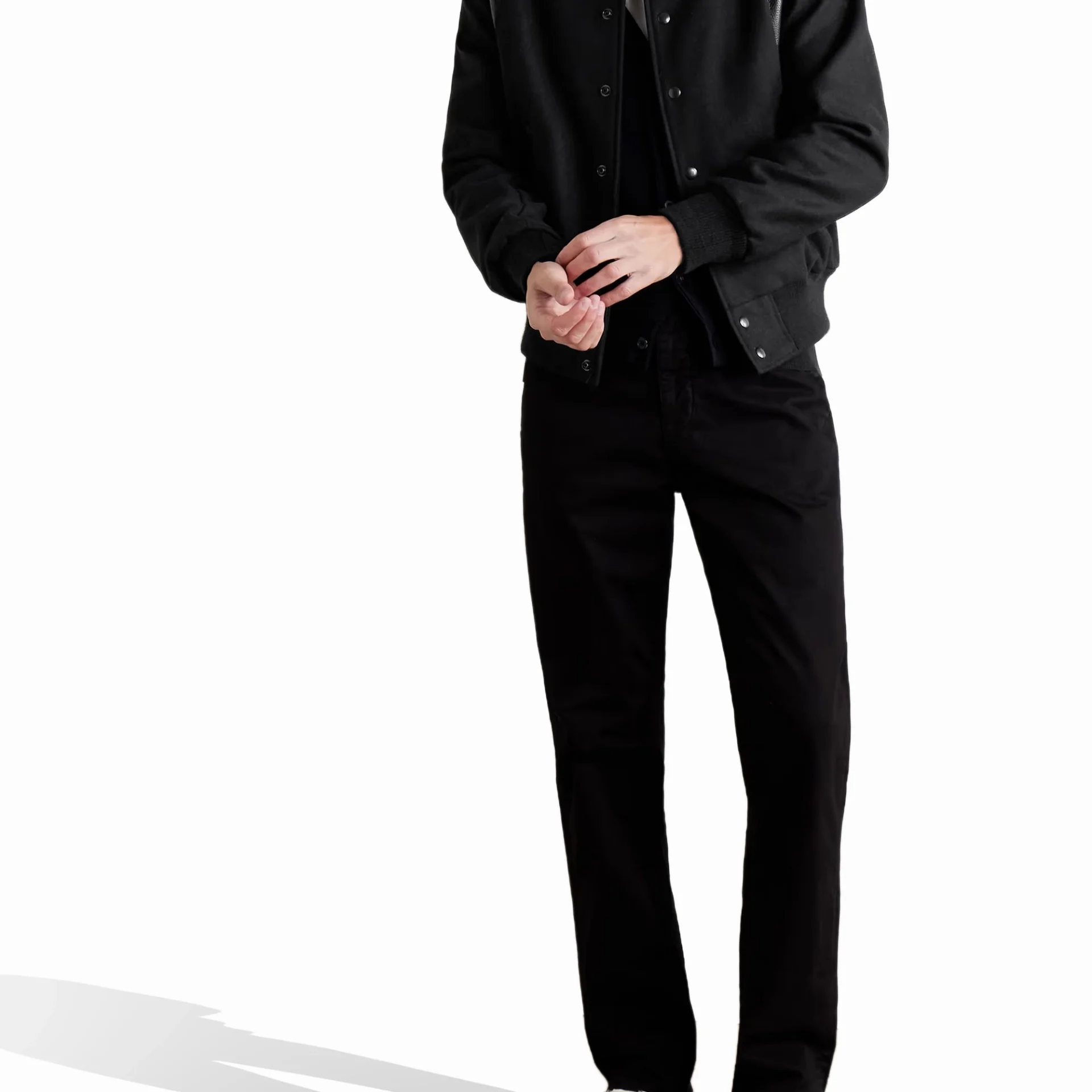 stussy leather trimmed wool varsity bomber jacket man full front view