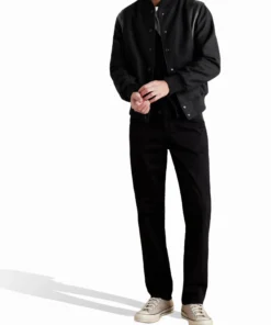 stussy leather trimmed wool varsity bomber jacket man full front view