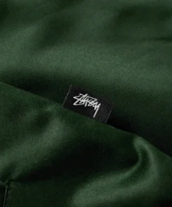 stussy light leaf green satin bomber jacket with black rib close up (3)