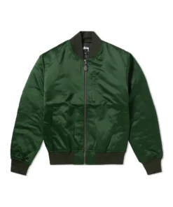 stussy light leaf green satin bomber jacket with black rib front