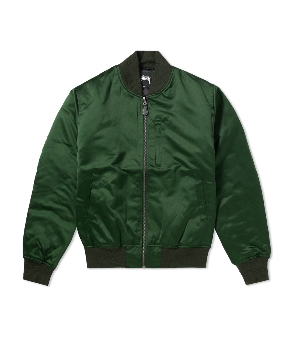 stussy light leaf green satin bomber jacket with black rib front