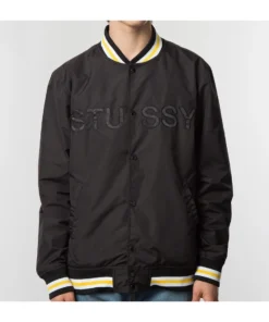 stussy logo stadium ss black jacket front view