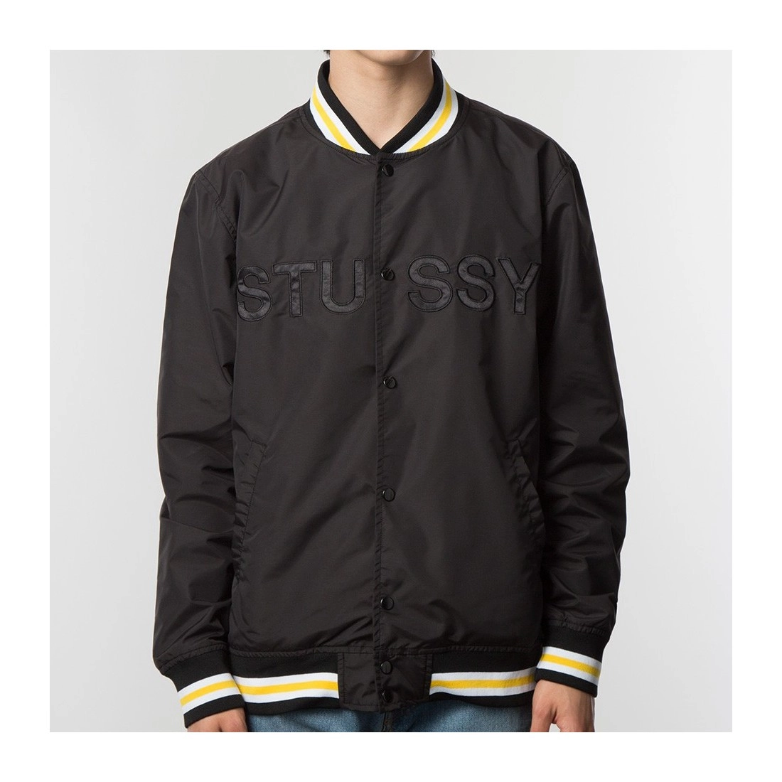 stussy logo stadium ss black jacket front view