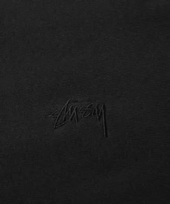 stussy stockterry hoody black for men women closeup logo photo