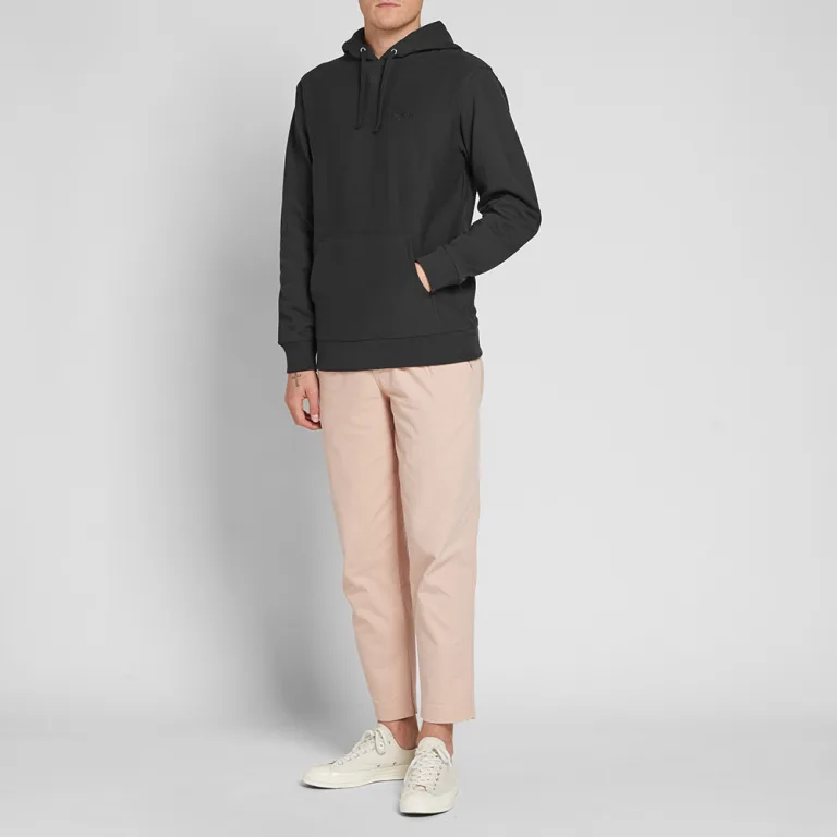 stussy stockterry hoody black for men women model full view photo