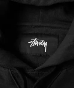 stussy stockterry hoody black for men women tag closeup photo