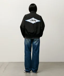 stussy surf team relaxed nylon harrington black jacket female model back side
