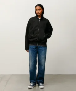 stussy surf team relaxed nylon harrington black jacket female model front side