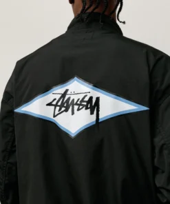 stussy surf team relaxed nylon harrington black jacket model back closeup view