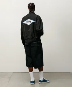 stussy surf team relaxed nylon harrington black jacket model back view