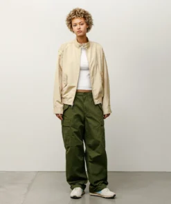 stussy surf team relaxed nylon harrington jacket light sand color women front view