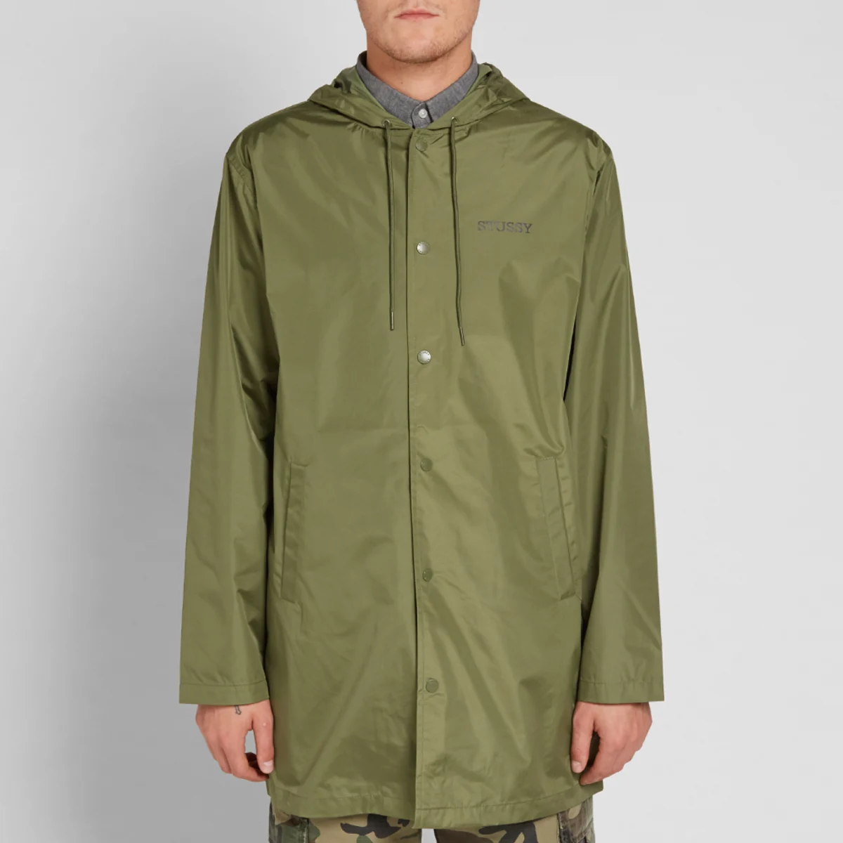 stussy tony long hooded coach jacket army green (5)