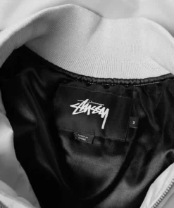 stussy white satin flight bomber jacket close up