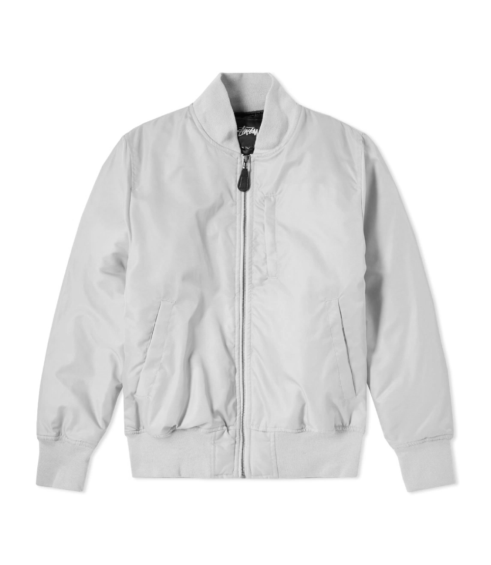 stussy white satin flight bomber jacket front